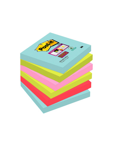 Bloc de notas adhesivas quita y pon post-it super sticky 76x76 mm con 90 hojas pack de 6 unidades colores miami