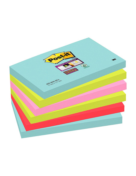 Bloc de notas adhesivas quita y pon post-it super sticky 76x127 mm con 90 hojas pack de 6 unidades colores miami