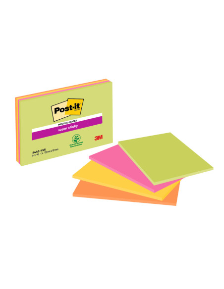 Bloc de notas adhesivas quita y pon post-it super sticky 152x101 mm con 45 hojas pack de 4 unidades colores neon