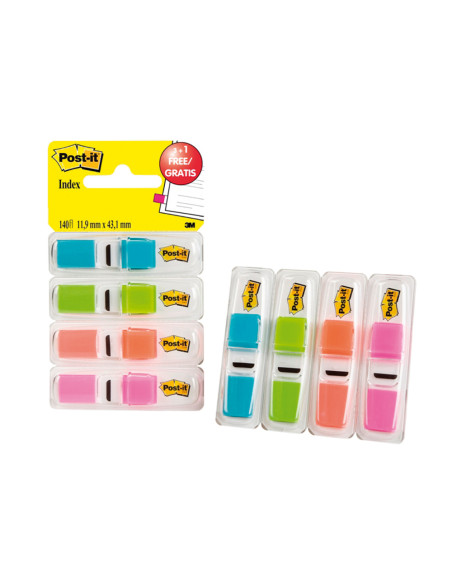 POST-IT INDEX PEQUEÑOS VERDE, AZUL,NARANJA, ROSA BRILLANTE / 12X43MM / 3 DISPENSADORES X 35 + 1 GRATIS