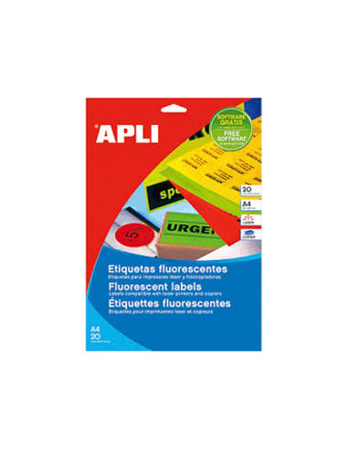 APLI ETIQUETAS ADHESIVAS 210X297MM LÁSER C/RECTOS 1 X 20H NARANJA FLUORESCENTE