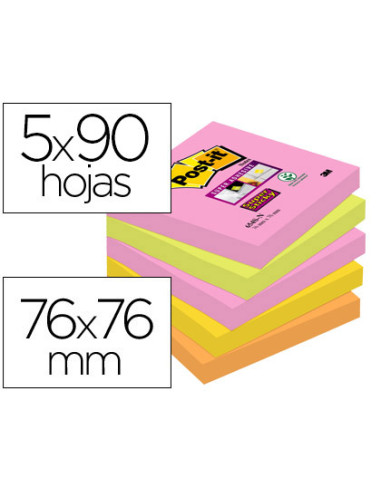 POST-IT BLOCS NOTAS SUPER STICKY 90 HOJAS 4 COLORES NEÓN LUGARES BOOST 76X76 5 BLOCS