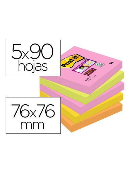 POST-IT BLOCS NOTAS SUPER STICKY 90 HOJAS 4 COLORES NEÓN LUGARES BOOST 76X76 5 BLOCS