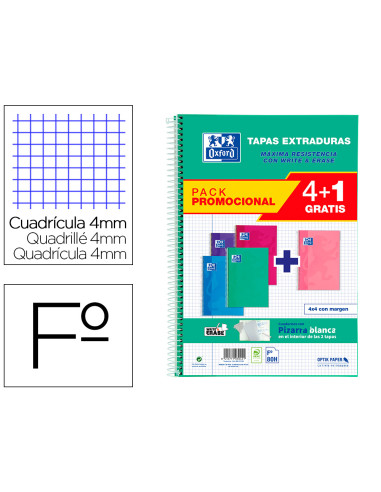 OXFORD CUADERNO ESPIRAL WRITE&ERASE 80H FOLIO 4X4MM C/MARGEN TAPA EXTRADURA PACK 4+1 UD C/SURTIDOS TENDENCIA