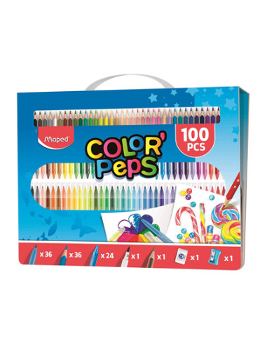 MAPED LÁPICES DE COLORES COLOR´PEPS C/SURTIDOS KIT 100 PIEZAS PARA COLOREAR ESTUCHE CON ASA