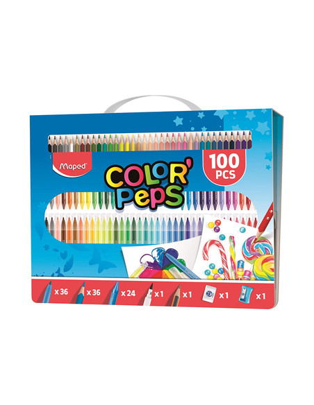 MAPED LÁPICES DE COLORES COLOR´PEPS C/SURTIDOS KIT 100 PIEZAS PARA COLOREAR ESTUCHE CON ASA