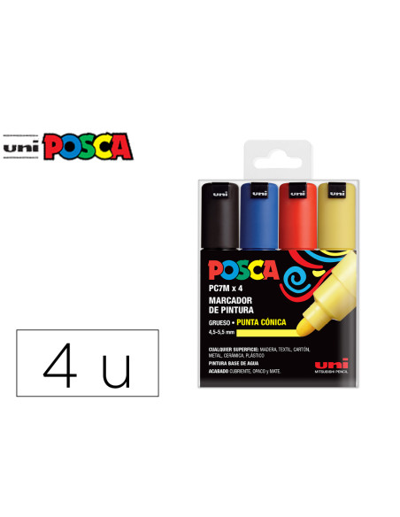 POSCA MARCADOR PC-7M/4C NO PERMANENTE PUNTA BISELADA 4.5-5.5MM COLORES SURTIDOS BASIC -ESTUCHE 4U-