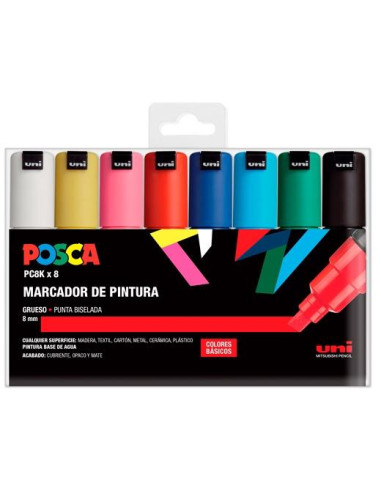 POSCA MARCADOR  PC-8K/8C NO PERMANENTE PUNTA BISELADA 8.0MM COLORES SURTIDOS BASIC -ESTUCHE 8U-