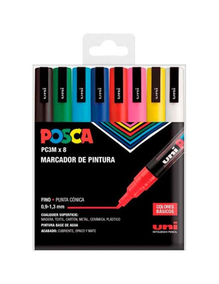 POSCA MARCADOR  PC-3M/8C NO PERMANENTE PUNTA FINA 0.9MM-1.3MM COLORES SURTIDOS BASIC -ESTUCHE 8U-