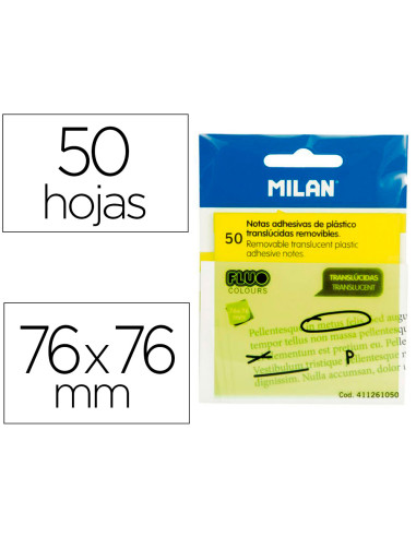 MILAN NOTAS ADHESIVAS 50 HOJAS 76X76MM TRANSLÚCIDAS AMARILLO FLUORESCENTE