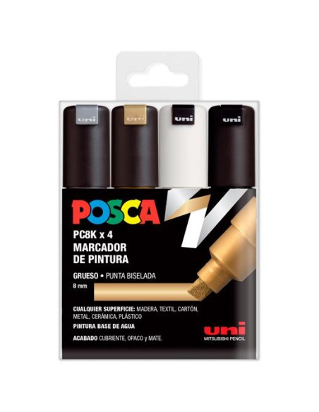 POSCA MARCADOR  PC-8K/4C NO PERMANENTE PUNTA BISELADA 8.0MM COLORES SURTIDOS GSWB -ESTUCHE 4U-