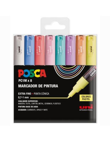 POSCA ESTUCHE BASIC PC-1M/8C NO PERMANENTE PUNTA FINA 0.9MM-1.3MM C/SURTIDOS PASTEL -8U-