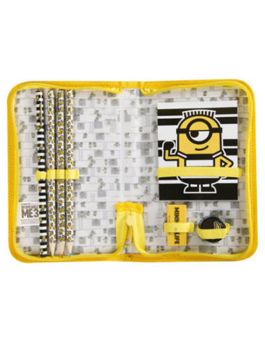 Bolso portatodo con cremallera minions con libreta goma sacapuntas y lapices colores