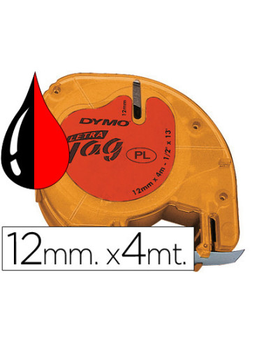 DYMO CINTA 91203, NEGRO SOBRE ROJO, DE 12MMX4M, DE PLÁSTICO. ROTULADORA LETRATAG