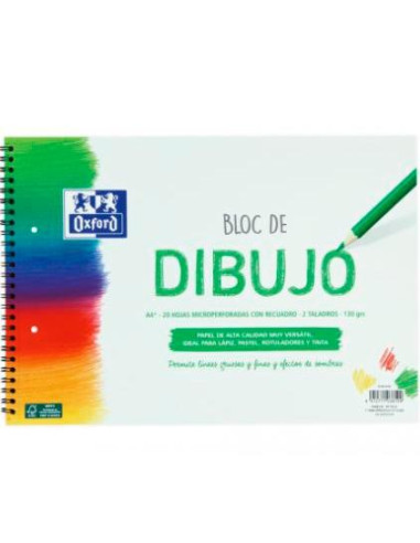 OXFORD BLOC DIBUJO ESCOLAR MULTITALADRO 2 T/ BLANDA ESPIRAL 20H 130GR A4+ C/ RECUADRO LISO BLANCO