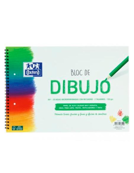 OXFORD BLOC DIBUJO ESCOLAR MULTITALADRO 2 T/ BLANDA ESPIRAL 20H 130GR A4+ C/ RECUADRO LISO BLANCO