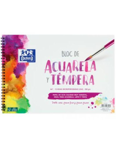 OXFORD BLOC PINTURA ACUARELA Y TÉMPERA 10H 300GR ESPIRAL A4+ LISO BLANCO