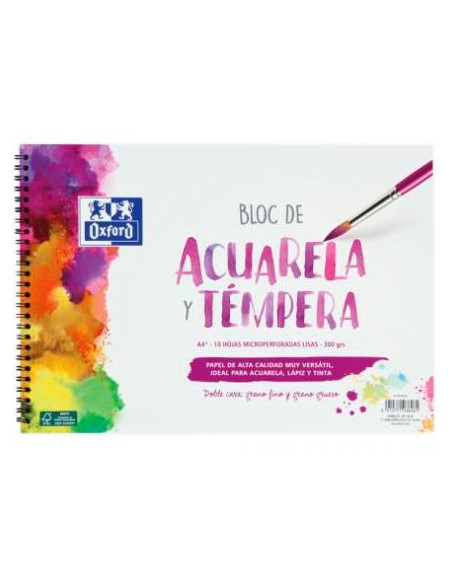 OXFORD BLOC PINTURA ACUARELA Y TÉMPERA 10H 300GR ESPIRAL A4+ LISO BLANCO