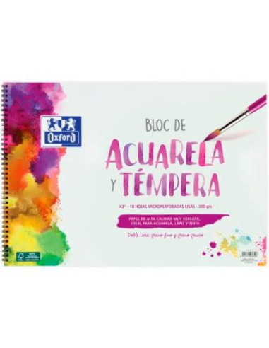 OXFORD BLOC PINTURA ACUARELA Y TÉMPERA 10H 300GR ESPIRAL A3+ LISO BLANCO