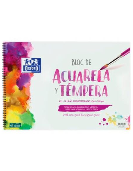 OXFORD BLOC PINTURA ACUARELA Y TÉMPERA 10H 300GR ESPIRAL A3+ LISO BLANCO