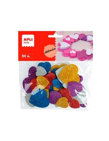 APLI FORMAS GOMA EVA ADHESIVAS CORAZONES CON PURPURINA METALIZADA COLORES SURTIDOS -50U-