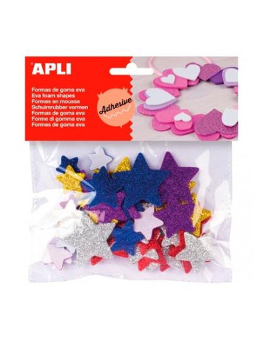 APLI FORMAS GOMA EVA ADHESIVAS ESTRELLAS CON PURPURINA METALIZADA COLORES SURTIDOS -50U-