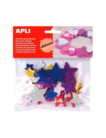 APLI FORMAS GOMA EVA ADHESIVAS ESTRELLAS CON PURPURINA METALIZADA COLORES SURTIDOS -50U-