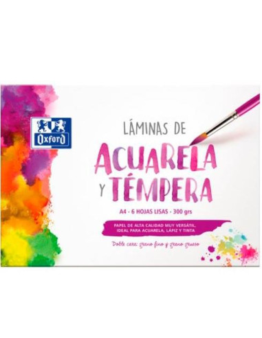 OXFORD LÁMINAS PARA PINTURA ACUARELA Y TÉMPERA 6H 300GR A4 LISO BLANCO