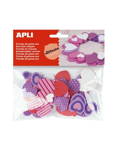 APLI FORMAS GOMA EVA ADHESIVAS CORAZONES ESTAMPADOS COLORES SURTIDOS -40U-