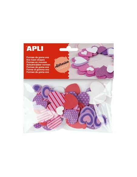 APLI FORMAS GOMA EVA ADHESIVAS CORAZONES ESTAMPADOS COLORES SURTIDOS -40U-