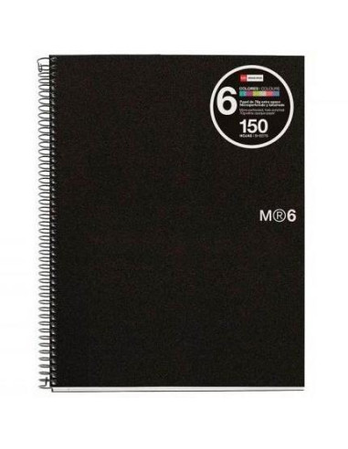 MIQUELRIUS CUADERNO ESPIRAL 150H A5 5X5MM 70GR 2 TALADROS MICROPERFORADO 6 BANDAS COLOR TAPA PP NEGRO