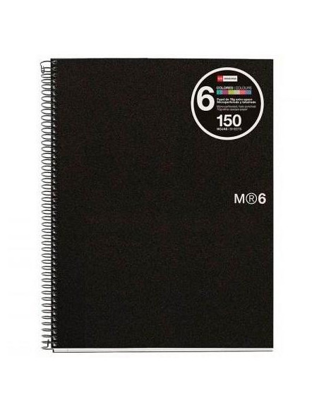 MIQUELRIUS CUADERNO ESPIRAL 150H A5 5X5MM 70GR 2 TALADROS MICROPERFORADO 6 BANDAS COLOR TAPA PP NEGRO