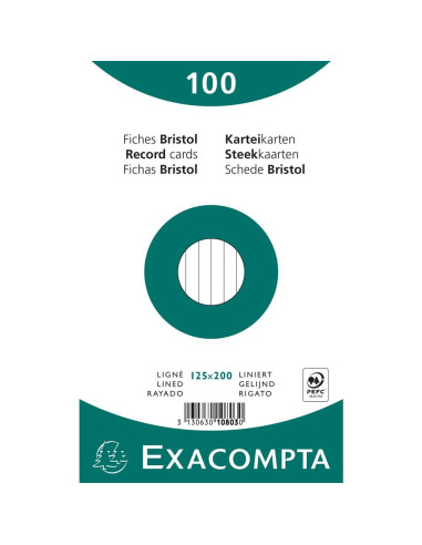 EXACOMPTA PAQUETE 100 FICHAS CARTULINA BRISTOL RETRACTIL LINEA HORIZONTAL SIN TALADRO 125X200MM BLANCO