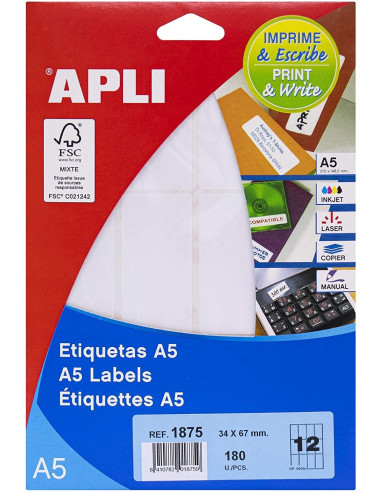 APLI ETIQUETAS ADHESIVAS 34X67MM MANUAL/IMPRESIÓN C/ROMOS 12 X 15H A5 BLANCO