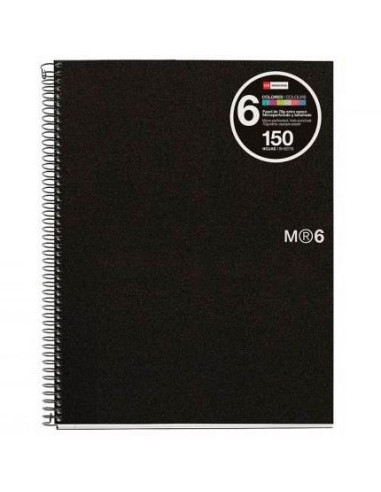 MIQUELRIUS CUADERNO ESPIRAL 150H A4 5X5MM 70GR 4 TALADROS MICROPERFORADO 6 BANDAS COLOR TAPA PP NEGRO