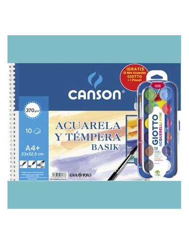 CANSON BLOC ACUARELA Y TÉMPERA BASIK ESPIRAL 10 HOJAS + 12 ACUERLAS MINI + PINCEL GRATIS 370GR 23X32,5CM UNITARIO