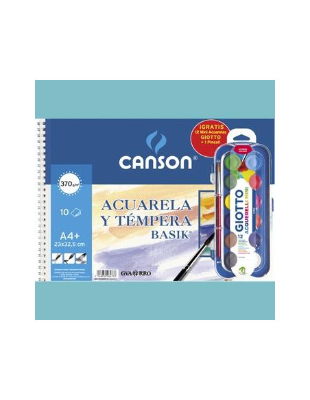 CANSON BLOC ACUARELA Y TÉMPERA BASIK ESPIRAL 10 HOJAS + 12 ACUERLAS MINI + PINCEL GRATIS 370GR 23X32,5CM UNITARIO