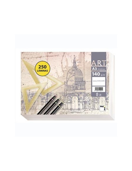 PACSA PAPEL DE DIBUJO SERIE ART PAQUETE 250 LÁMINAS A3 140GR LISO SIN RECUADRO BLANCO