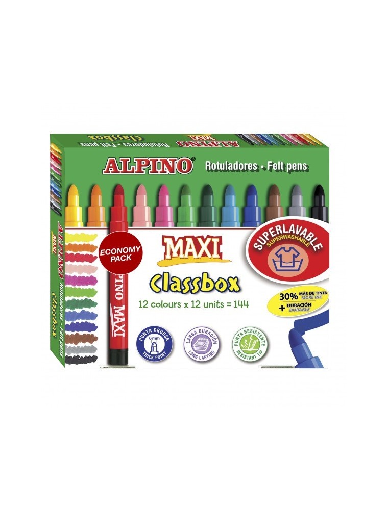 Rotuladores de colores maxi schoolpack 144 ud. de 12 colores diferentes Alpino