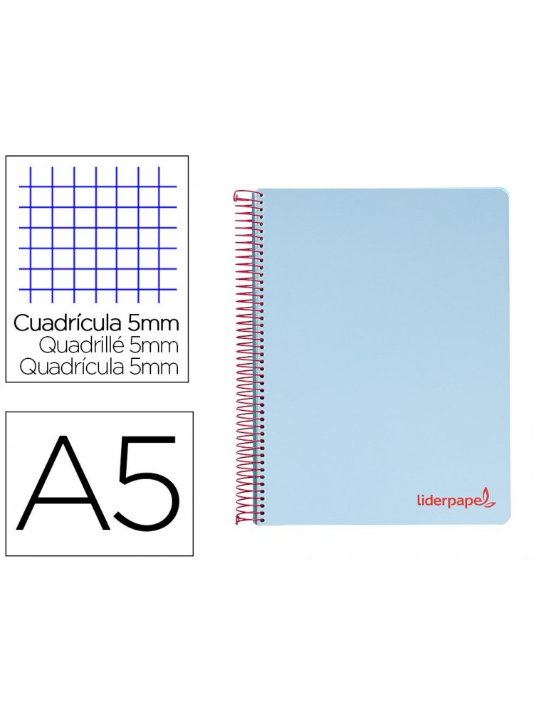 Cuaderno espiral liderpapel a5 micro wonder tapa plastico 120h 90g cuadro 5mm 5 bandas 6 taladros color celeste