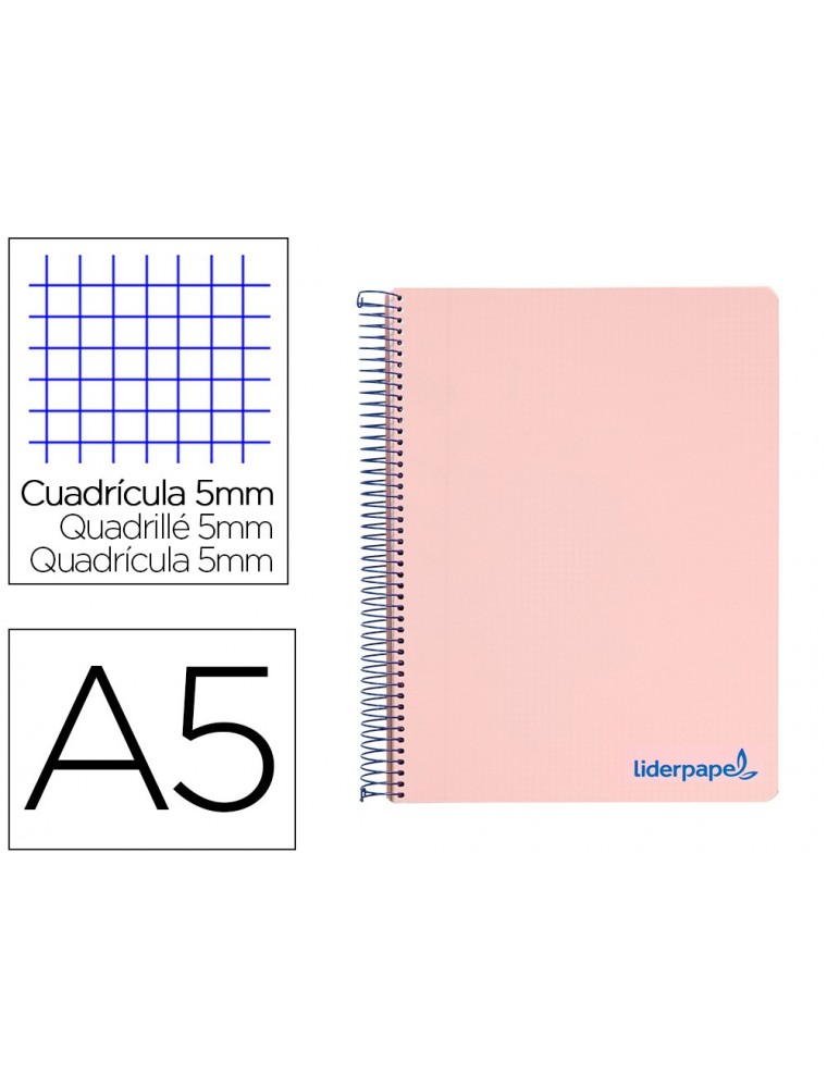 Cuaderno espiral liderpapel a5 micro wonder tapa plastico 120h 90g cuadro 5mm 5 bandas 6 taladros color rosa
