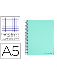 Cuaderno espiral liderpapel a5 micro wonder tapa plastico 120h 90g cuadro 5mm 5 bandas 6 taladros color verde