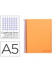 Cuaderno espiral liderpapel a5 micro wonder tapa plastico 120h 90g cuadro 5mm 5 bandas 6 taladros color naranja