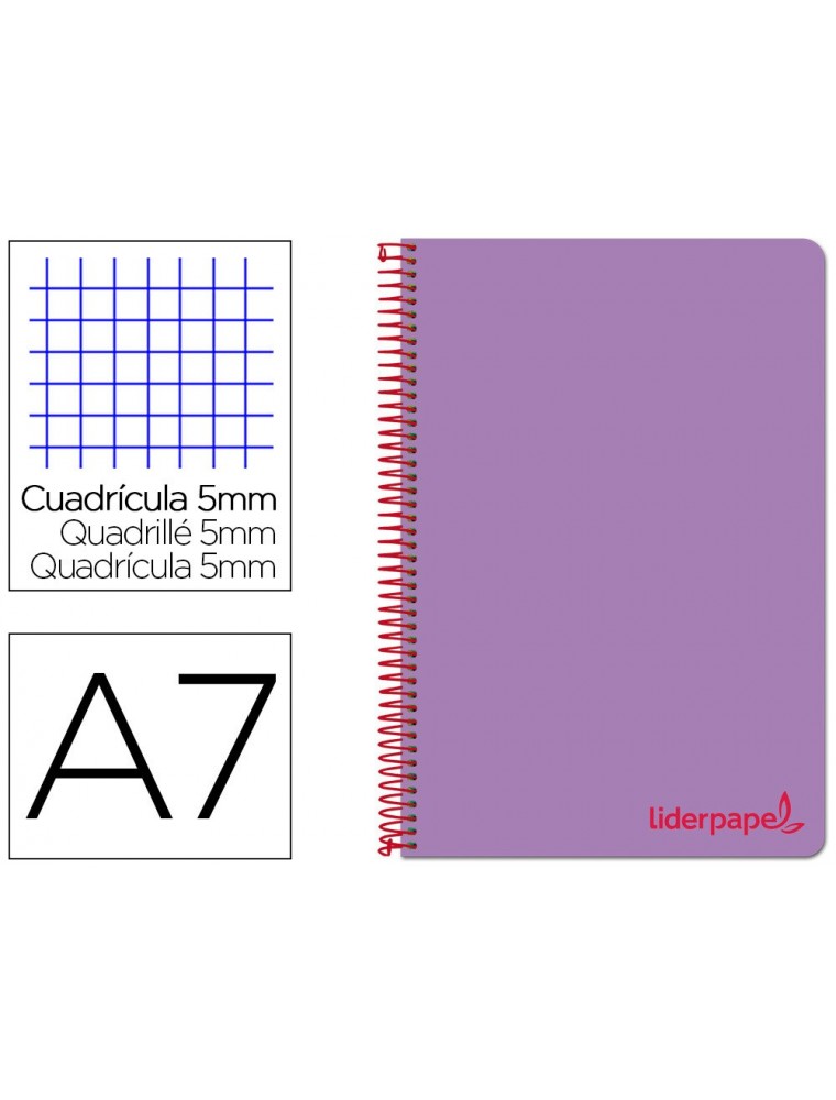 Cuaderno espiral liderpapel a7 micro wonder tapa plastico 100h 90 gr cuadro 5mm 4 bandas color violeta
