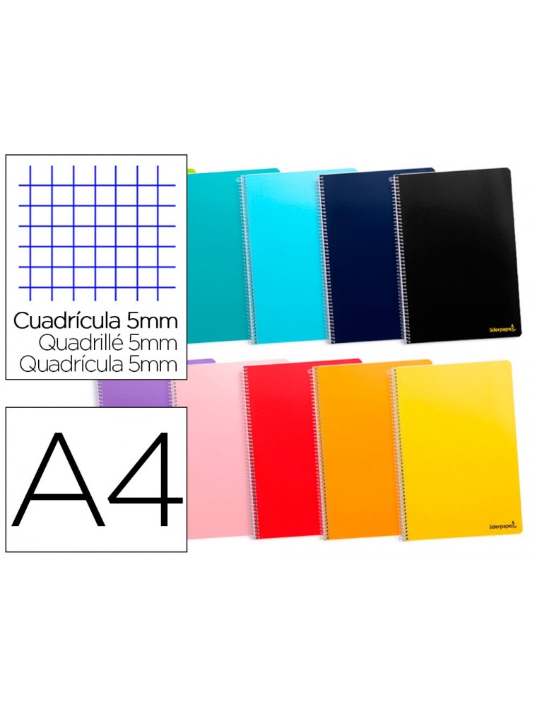 Cuaderno espiral liderpapel a4 micro smart tapa blanda 80h60gr cuadro 5mm doble margen 4 taladros colores surtidos