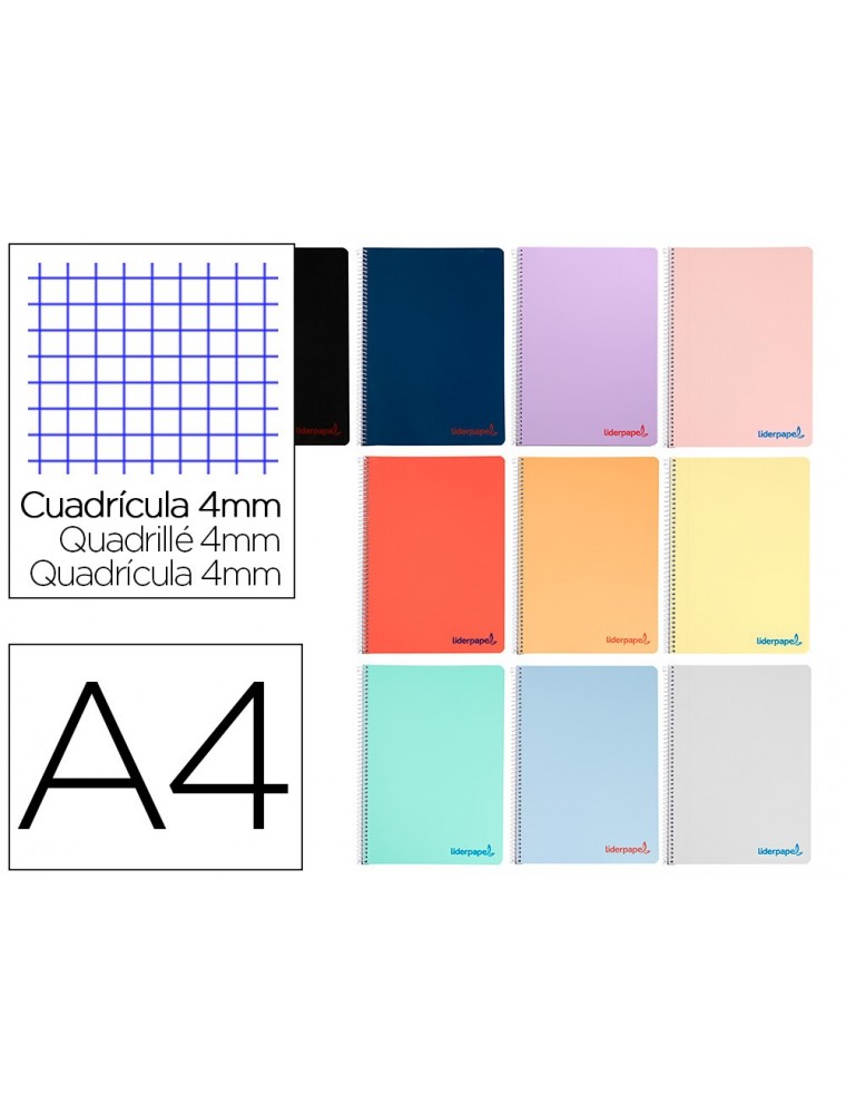 Cuaderno espiral liderpapel a4 wonder tapa plastico 80h 90gr cuadro 4mm con margen colores surtidos