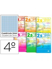 Cuaderno espiral liderpapel cuarto pautaguia tapa blanda 40h 75 gr cuadro pautado 2,5mmcon margen colores surtidos