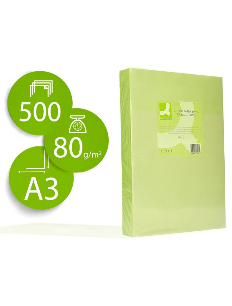 Papel color q-connect din a3 80gr verde neon paquete de 500 hojas