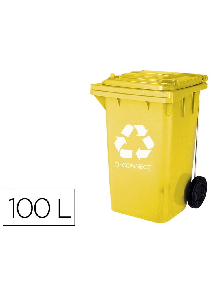 Papelera contenedor q-connect plastico amarillo para plasticos y envases metalicos 100l con tapa y ruedas 750x470x370 mm