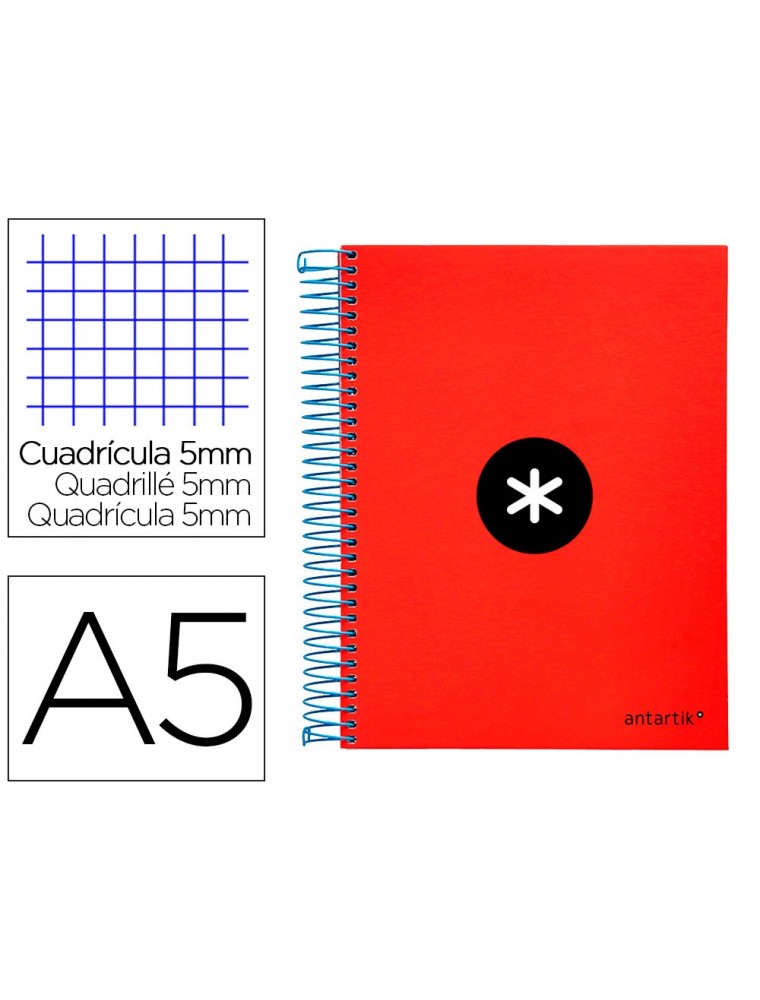 Cuaderno espiral liderpapel a5 micro antartik tapa forrada120h 100 gr cuadro 5mm 5 bandas 6 taladros color rojo